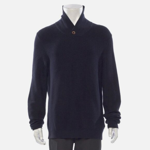 Ted Baker Shawl Collar Sweater Sz 5 US XL Cotton Blend Navy Blue Ribbed Pullover - Picture 1 of 3